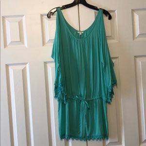 Long teal cold shoulder shirt